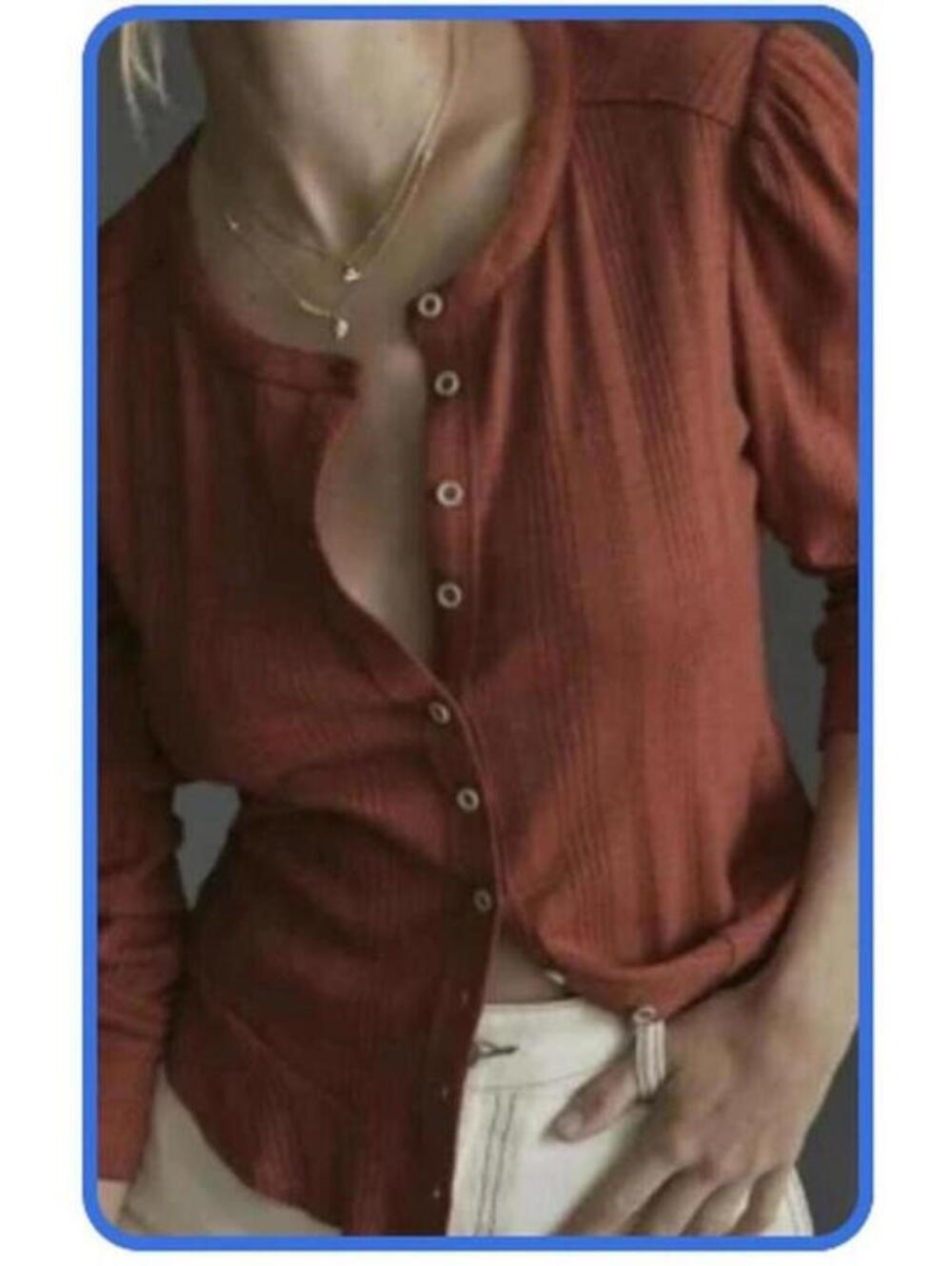 Pilcro Anthropologie Ribbed Knit Henley Top Size S Rust Puff Sleeve Peplum